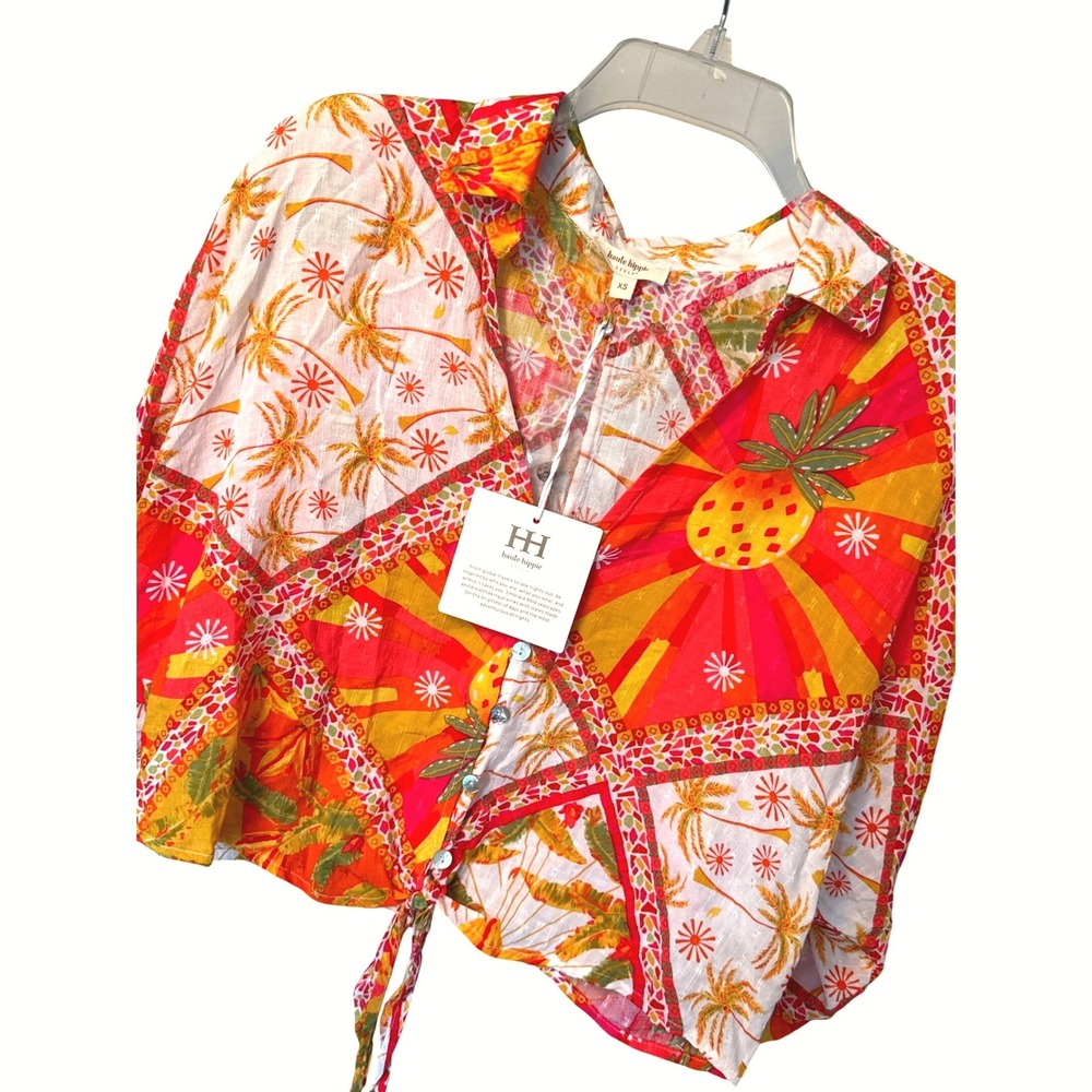 Haute Hippie LS Crop Top Vibrant Button Up Tie Shirt colorful patchwork NWT